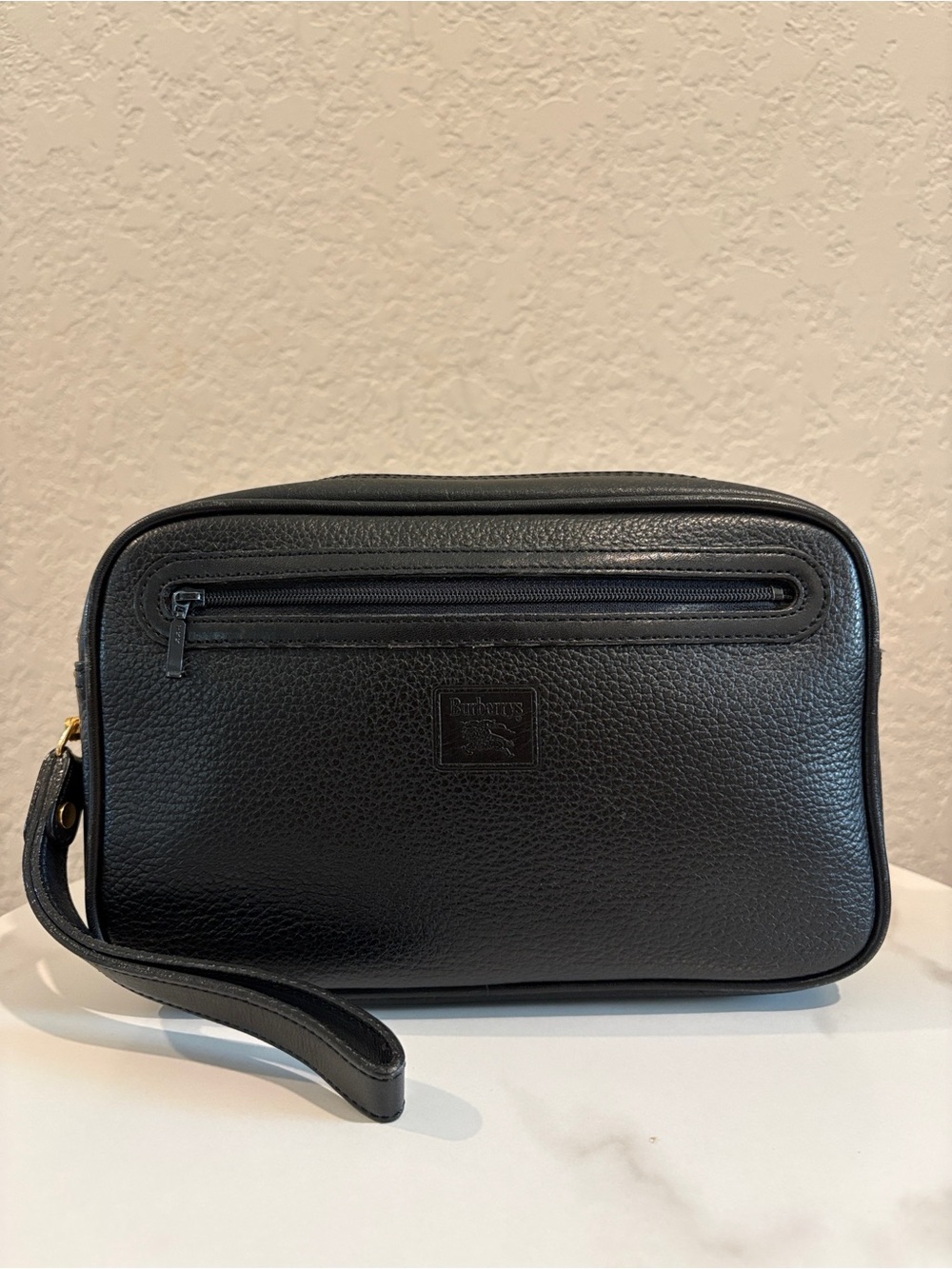 Burberry Vintage Black Pebbled Leather Toiletry Pouch with Wrist Strap